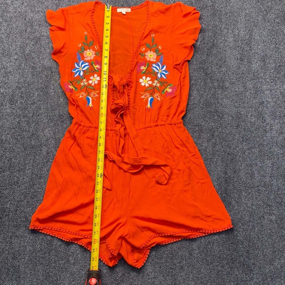 GB Gianni Bini Short Romper Womens Large Orange Floral Stitchwork Open Front Tie - Picture 3 of 6